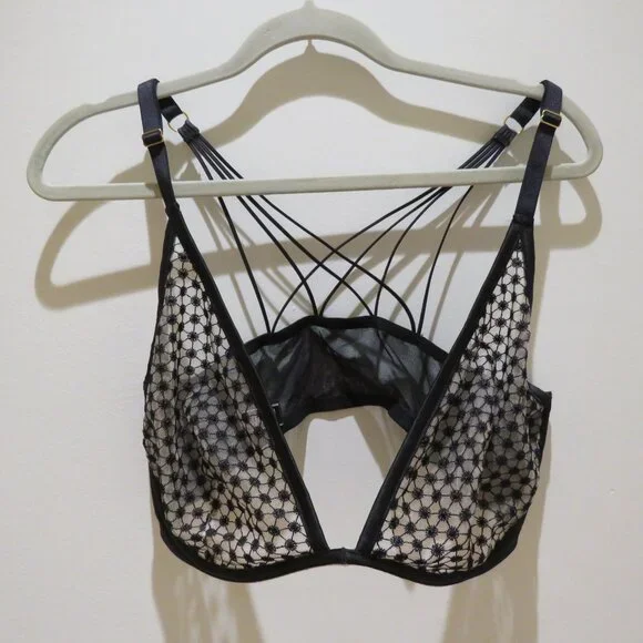 VICTORIA'S SECRET Starburst Unlined Plunge Bra Semi Sheer 38DD Black Mesh - Picture 4 of 12